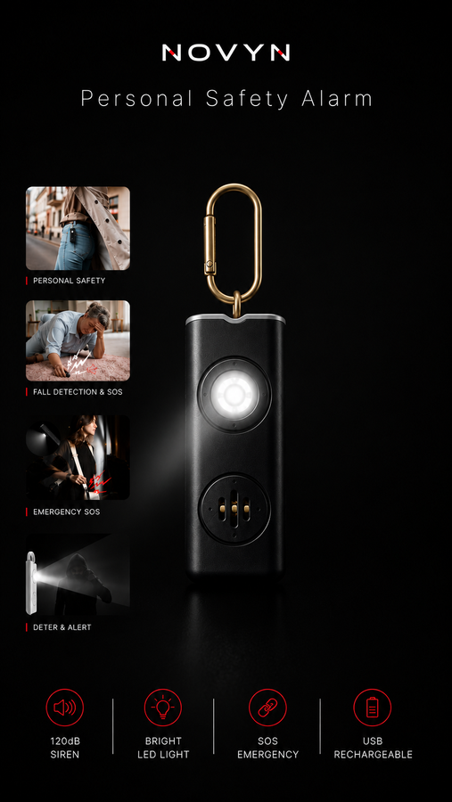 NOVYN Personal Safety Alarm — 120dB Veiligheidsalarm met Karabijnhaak